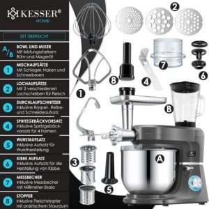 Küchenmaschine mit Schnitzelwerk und Zubehör für Teige, Gemüse und Kräuter