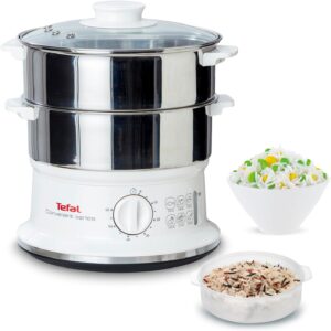 Kleiner Dampfgarer Tefal aus Edelstahl mit zwei stapelbaren Behältern und Timer