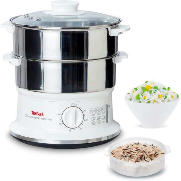 Kleiner Dampfgarer Tefal aus Edelstahl mit zwei stapelbaren Behältern und Timer