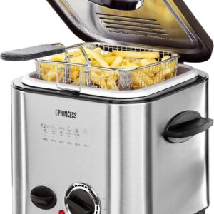 Princess 182611 Mini Fritteuse aus Edelstahl mit herausnehmbarem Ölbehälter und Fondue-Gabeln