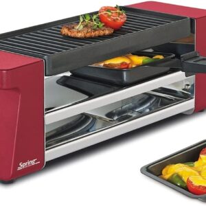 Raclette für 2 Personen – Spring Raclette2 Compact in Rot mit Grillplatte und Pfännchen
