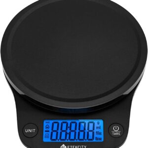 Etekcity EK6015 präzise Küchenwaage mit 0,1 g Genauigkeit und USB-Akku auf Edelstahl-Wiegefläche