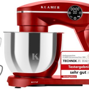 Retro Küchenmaschine in Rot mit 6-Liter-Edelstahlschüssel und 1800-Watt-Motor, perfekt zum Kneten und Backen.